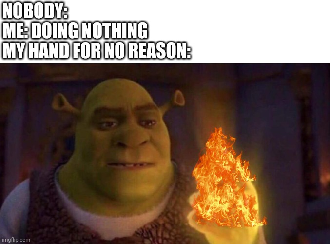 Shrek Glowing Hand | NOBODY:
ME: DOING NOTHING
MY HAND FOR NO REASON: | image tagged in shrek glowing hand | made w/ Imgflip meme maker