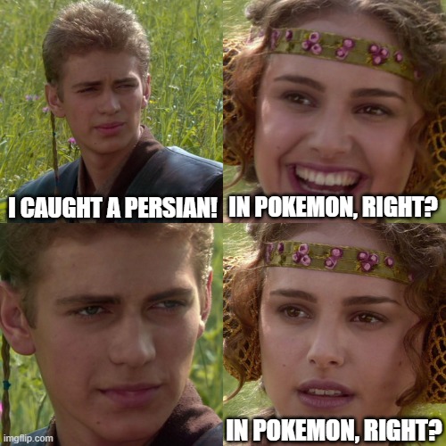 Anakin Padme 4 Panel | I CAUGHT A PERSIAN! IN POKEMON, RIGHT? IN POKEMON, RIGHT? | image tagged in anakin padme 4 panel | made w/ Imgflip meme maker