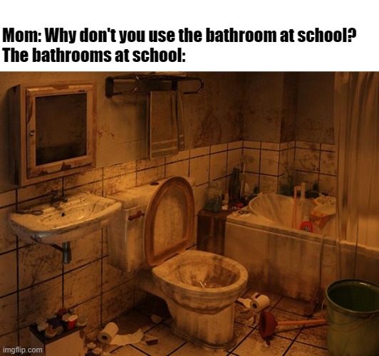 Dirty Bathroom | Mom: Why don't you use the bathroom at school?
The bathrooms at school: | image tagged in dirty bathroom | made w/ Imgflip meme maker