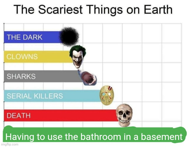 Why are they so scary | Having to use the bathroom in a basement | image tagged in scariest things on earth,funny memes,challenge,bathroom,basement,scary | made w/ Imgflip meme maker