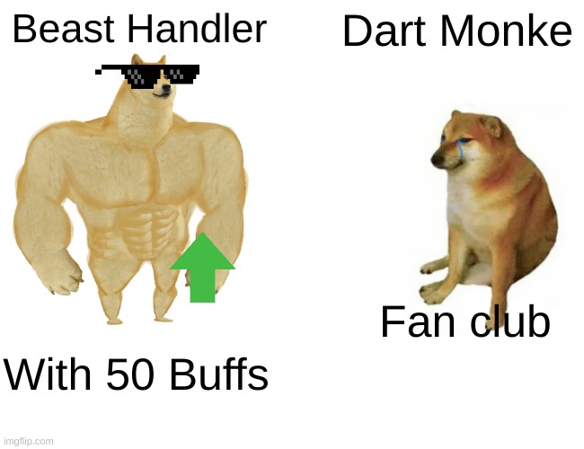 Buff Doge vs. Cheems | Beast Handler; Dart Monke; Fan club; With 50 Buffs | image tagged in memes,buff doge vs cheems | made w/ Imgflip meme maker
