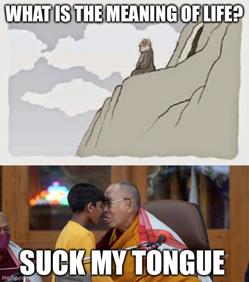 Do you get the feeling this is not the first time? | WHAT IS THE MEANING OF LIFE? SUCK MY TONGUE | image tagged in dali lama,suck my tongue | made w/ Imgflip meme maker