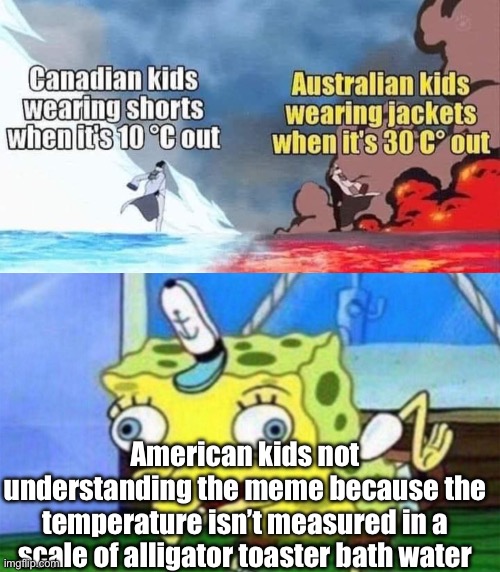 Don’t hate on me | American kids not understanding the meme because the temperature isn’t measured in a scale of alligator toaster bath water | image tagged in spongebob stupid,metric,cold weather,hot weather,canada,meanwhile in australia | made w/ Imgflip meme maker
