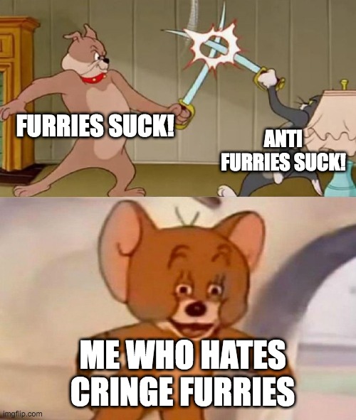Tom and Jerry swordfight | FURRIES SUCK! ANTI FURRIES SUCK! ME WHO HATES CRINGE FURRIES | image tagged in tom and jerry swordfight | made w/ Imgflip meme maker