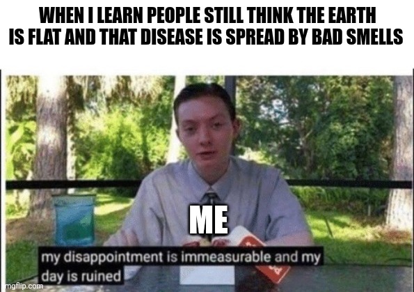I am so very disappointed in the world | WHEN I LEARN PEOPLE STILL THINK THE EARTH IS FLAT AND THAT DISEASE IS SPREAD BY BAD SMELLS; ME | image tagged in my dissapointment is immeasurable and my day is ruined | made w/ Imgflip meme maker