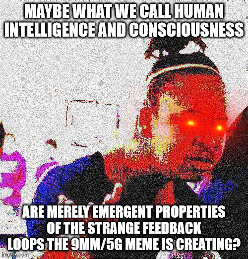 9mm/5g creates us | MAYBE WHAT WE CALL HUMAN INTELLIGENCE AND CONSCIOUSNESS; ARE MERELY EMERGENT PROPERTIES OF THE STRANGE FEEDBACK LOOPS THE 9MM/5G MEME IS CREATING? | image tagged in deep fried bruh | made w/ Imgflip meme maker