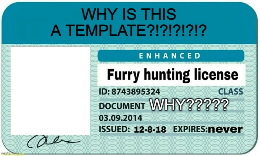 THIS NEEDS TO BE REMOVED | WHY IS THIS A TEMPLATE?!?!?!?!? WHY????? | image tagged in furry hunting license | made w/ Imgflip meme maker