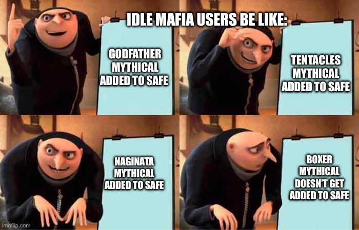l | IDLE MAFIA USERS BE LIKE:; TENTACLES MYTHICAL ADDED TO SAFE; GODFATHER MYTHICAL ADDED TO SAFE; BOXER MYTHICAL DOESN’T GET ADDED TO SAFE; NAGINATA MYTHICAL ADDED TO SAFE | image tagged in daisy ridley | made w/ Imgflip meme maker
