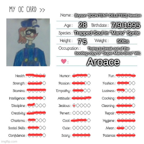 Ever since [CD], my oc went through a major redesign, I updated his OC Card | Bryson "[CONTENT DELETED] Newton; 28; 7/9/1995; Trapped Soul in "Mario" Sprite; 7'5; 50lbs; Trying to break out of the bootleg copy of "Super Mario Bros" Wii;; Aroace | image tagged in oc card template,drawing | made w/ Imgflip meme maker