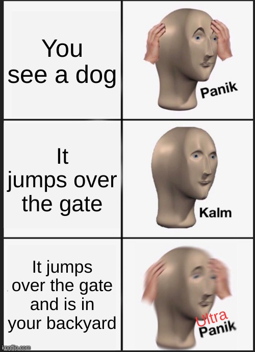 Based on a true story.This happened to me and my bro while we we're playing baseball in the frontyard | You see a dog; It jumps over the gate; It jumps over the gate and is in your backyard; Ultra | image tagged in memes,panik kalm panik,true story | made w/ Imgflip meme maker