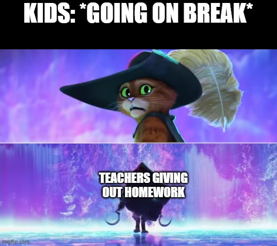 Isn't it called break for a reason? It is right??? | KIDS: *GOING ON BREAK*; TEACHERS GIVING OUT HOMEWORK | image tagged in puss and boots scared,homework | made w/ Imgflip meme maker