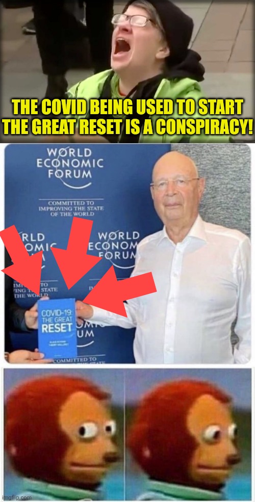 THE COVID BEING USED TO START THE GREAT RESET IS A CONSPIRACY! | image tagged in trump sjw no,monkey puppet,new world order,conspiracy | made w/ Imgflip meme maker