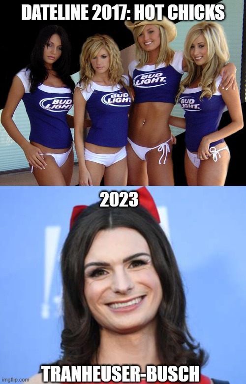 The Woke will never, ever stop with this nonsense. | DATELINE 2017: HOT CHICKS; 2023; TRANHEUSER-BUSCH | image tagged in dylan mulvaney,liberals,bud light,woke,democrats,transgender | made w/ Imgflip meme maker