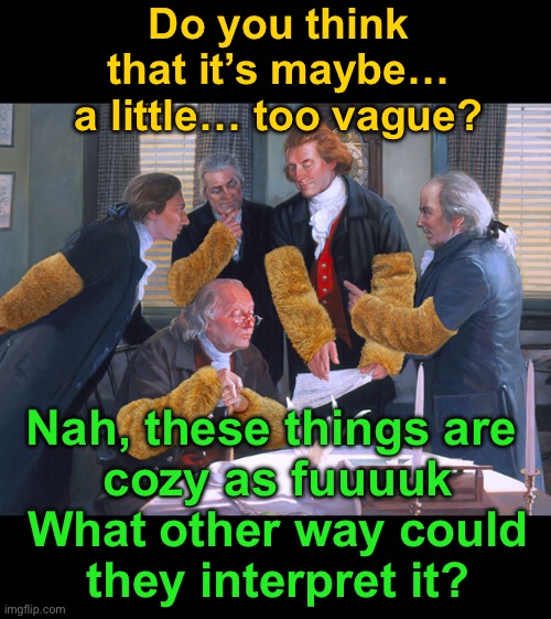 right to bear arms | Do you think that it’s maybe…
a little… too vague? Nah, these things are 
cozy as fuuuuk
What other way could
they interpret it? | image tagged in right to bear arms | made w/ Imgflip meme maker