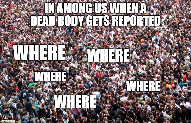 crowd of people | IN AMONG US WHEN A DEAD BODY GETS REPORTED; WHERE; WHERE; WHERE; WHERE; WHERE | image tagged in crowd of people | made w/ Imgflip meme maker