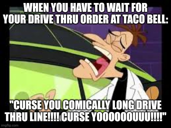 Drive thrus suck | WHEN YOU HAVE TO WAIT FOR YOUR DRIVE THRU ORDER AT TACO BELL:; "CURSE YOU COMICALLY LONG DRIVE THRU LINE!!!! CURSE YOOOOOOUUU!!!!" | image tagged in curse you perry the platypus | made w/ Imgflip meme maker