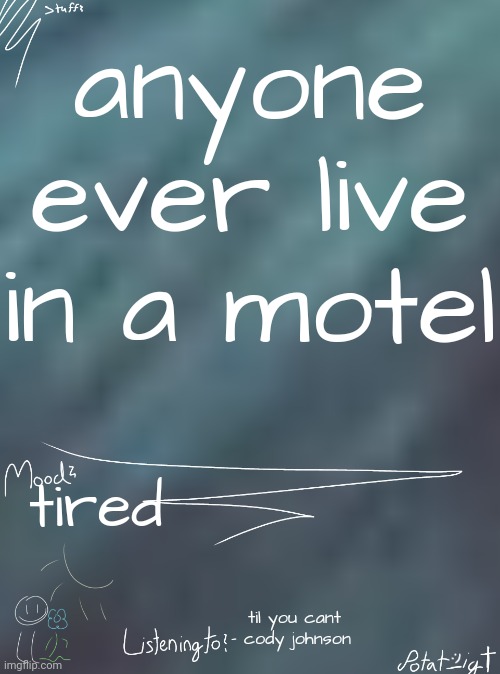 i ate children for breakfast | anyone ever live in a motel; tired; til you cant - cody johnson | image tagged in i ate children for breakfast | made w/ Imgflip meme maker