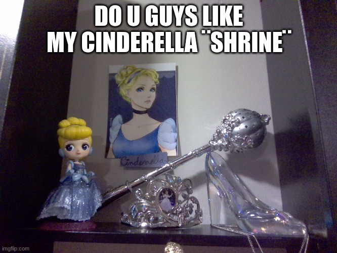 can u tell what my fav princess is? | DO U GUYS LIKE MY CINDERELLA ¨SHRINE¨ | image tagged in cinderella | made w/ Imgflip meme maker