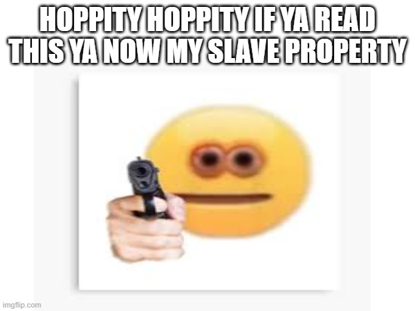 read thuis now | HOPPITY HOPPITY IF YA READ THIS YA NOW MY SLAVE PROPERTY | made w/ Imgflip meme maker