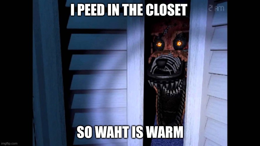 Foxy FNaF 4 | I PEED IN THE CLOSET; SO WAHT IS WARM | image tagged in foxy fnaf 4 | made w/ Imgflip meme maker