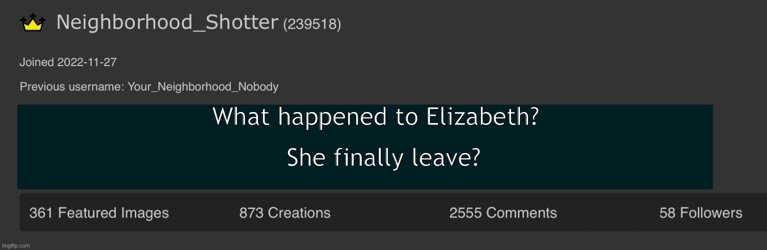 Well she’s trans so gone for good?… | What happened to Elizabeth? She finally leave? | image tagged in neighborhood_shotter anouncement temp | made w/ Imgflip meme maker