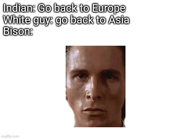 Indian: Go back to Europe
White guy: go back to Asia
Bison: | made w/ Imgflip meme maker