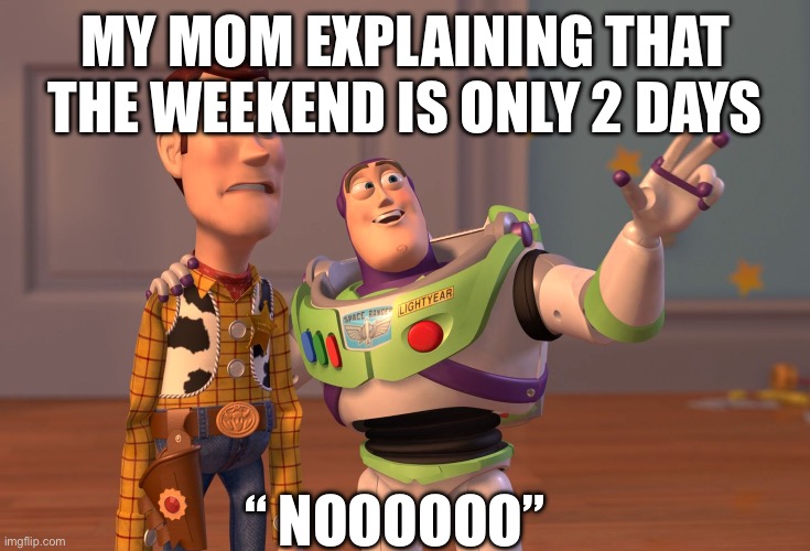 X, X Everywhere | MY MOM EXPLAINING THAT THE WEEKEND IS ONLY 2 DAYS; “ NOOOOOO” | image tagged in memes,x x everywhere | made w/ Imgflip meme maker