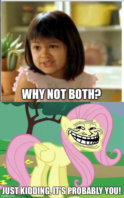WHY NOT BOTH? JUST KIDDING, IT'S PROBABLY YOU! | image tagged in why not both,fluttertroll | made w/ Imgflip meme maker