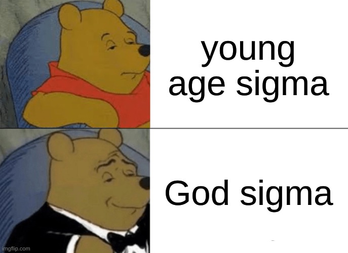 Tuxedo Winnie The Pooh | young age sigma; God sigma | image tagged in memes,tuxedo winnie the pooh | made w/ Imgflip meme maker