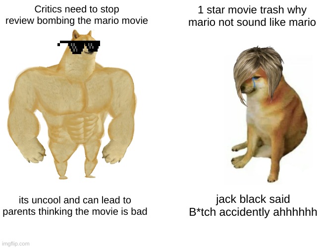 Critics need to stop | Critics need to stop review bombing the mario movie; 1 star movie trash why mario not sound like mario; its uncool and can lead to parents thinking the movie is bad; jack black said B*tch accidently ahhhhhh | image tagged in memes,buff doge vs cheems | made w/ Imgflip meme maker