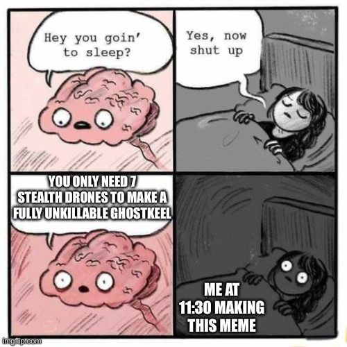 Hey you going to sleep? | YOU ONLY NEED 7 STEALTH DRONES TO MAKE A FULLY UNKILLABLE GHOSTKEEL; ME AT 11:30 MAKING THIS MEME | image tagged in hey you going to sleep | made w/ Imgflip meme maker