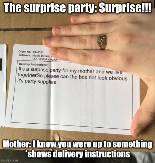 Really? | The surprise party: Surprise!!! Mother: I knew you were up to something
*shows delivery instructions | image tagged in you had one job | made w/ Imgflip meme maker