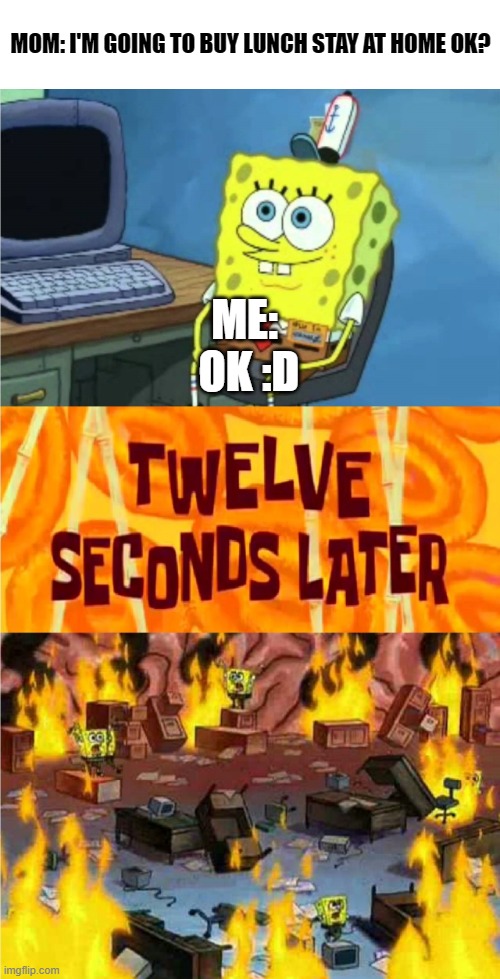 spongebob office rage | MOM: I'M GOING TO BUY LUNCH STAY AT HOME OK? ME:
 OK :D | image tagged in spongebob office rage,memes | made w/ Imgflip meme maker