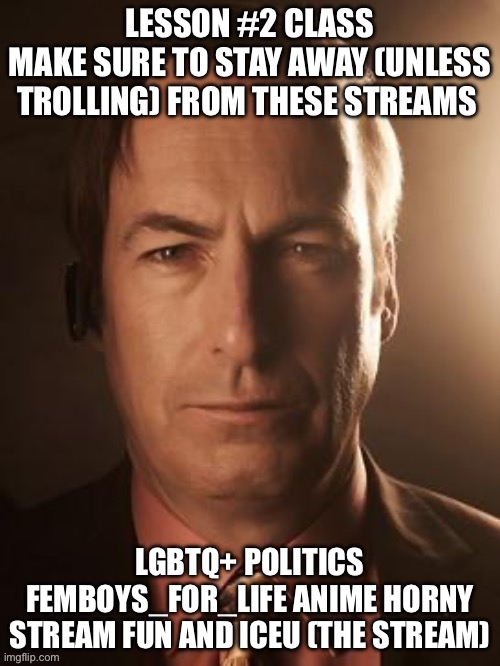 LESSON #2 CLASS
MAKE SURE TO STAY AWAY (UNLESS TROLLING) FROM THESE STREAMS; LGBTQ+ POLITICS FEMBOYS_FOR_LIFE ANIME HORNY STREAM FUN AND ICEU (THE STREAM) | image tagged in saul goodman | made w/ Imgflip meme maker