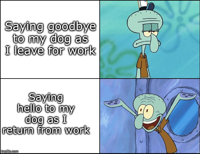 Work sucks, but not as much as parting with my dog | Saying goodbye to my dog as I leave for work; Saying hello to my dog as I return from work | image tagged in squidward,parting,dog,work sucks,sad happy | made w/ Imgflip meme maker