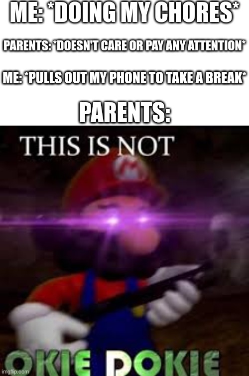 WHY ARE YOU SITTING AND DOING NOTHING!! DO SOMETHING USEFUL!!! | ME: *DOING MY CHORES*; PARENTS: *DOESN'T CARE OR PAY ANY ATTENTION*; ME: *PULLS OUT MY PHONE TO TAKE A BREAK*; PARENTS: | image tagged in this is not okie dokie,parents,chores,funny,memes,dankmemes | made w/ Imgflip meme maker