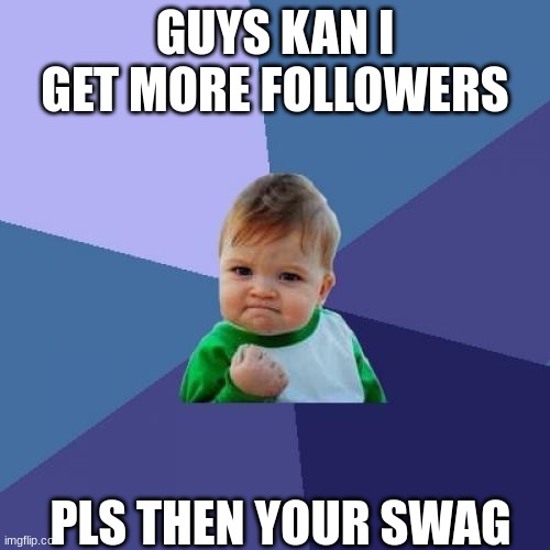 pls more followers | GUYS KAN I GET MORE FOLLOWERS; PLS THEN YOUR SWAG | image tagged in memes,success kid | made w/ Imgflip meme maker