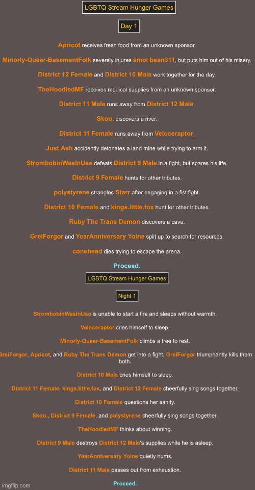 Okay so this is the actual day 1, + night 1 | image tagged in hunger games | made w/ Imgflip meme maker
