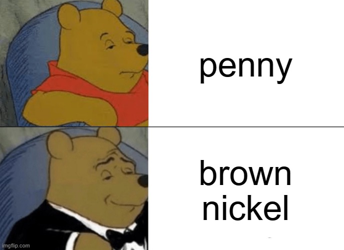 Tuxedo Winnie The Pooh Meme | penny; brown nickel | image tagged in memes,tuxedo winnie the pooh | made w/ Imgflip meme maker