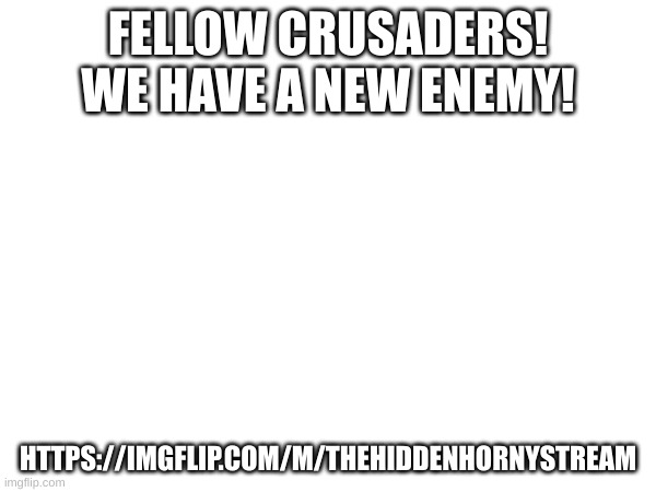 We gotta fight against this! | FELLOW CRUSADERS! WE HAVE A NEW ENEMY! HTTPS://IMGFLIP.COM/M/THEHIDDENHORNYSTREAM | image tagged in crusaders | made w/ Imgflip meme maker