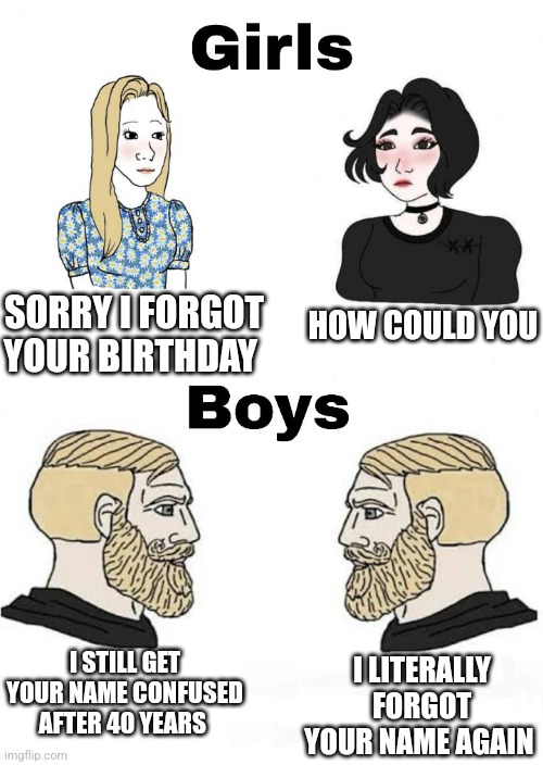 Girls vs Boys | HOW COULD YOU; SORRY I FORGOT YOUR BIRTHDAY; I STILL GET YOUR NAME CONFUSED AFTER 40 YEARS; I LITERALLY FORGOT YOUR NAME AGAIN | image tagged in girls vs boys,boys vs girls | made w/ Imgflip meme maker