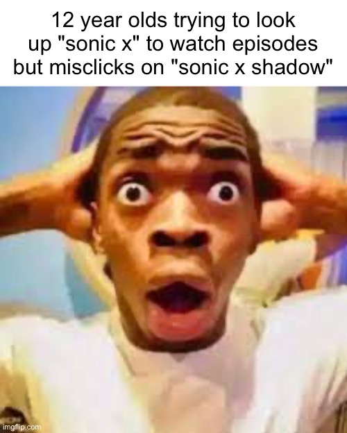 has happened to me before | 12 year olds trying to look up "sonic x" to watch episodes but misclicks on "sonic x shadow" | image tagged in fr ong | made w/ Imgflip meme maker