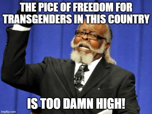 ...and this country, and that country... | THE PICE OF FREEDOM FOR TRANSGENDERS IN THIS COUNTRY; IS TOO DAMN HIGH! | image tagged in memes,too damn high,freedom,freedom of speech,transgender,transphobic | made w/ Imgflip meme maker