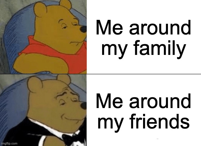 Who understood this ???? | Me around my family; Me around my friends | image tagged in memes,tuxedo winnie the pooh,so true meme,so true memes,funny,friends | made w/ Imgflip meme maker