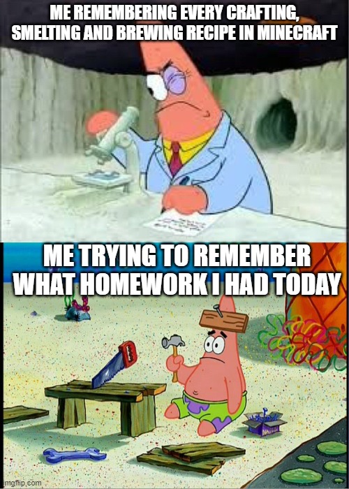 PAtrick, Smart Dumb | ME REMEMBERING EVERY CRAFTING, SMELTING AND BREWING RECIPE IN MINECRAFT; ME TRYING TO REMEMBER WHAT HOMEWORK I HAD TODAY | image tagged in patrick smart dumb | made w/ Imgflip meme maker