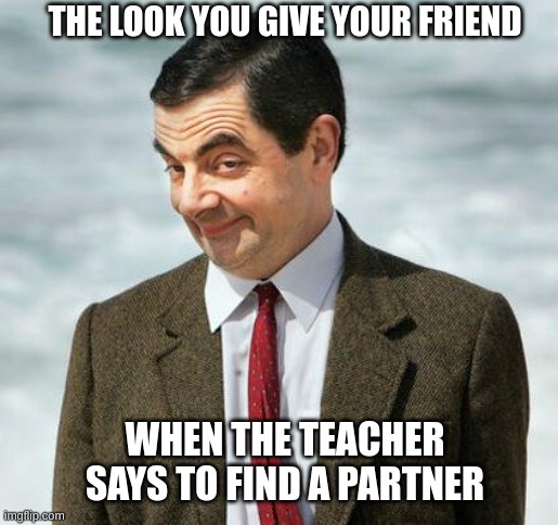 I do that all the time lol | THE LOOK YOU GIVE YOUR FRIEND; WHEN THE TEACHER SAYS TO FIND A PARTNER | image tagged in mr bean | made w/ Imgflip meme maker