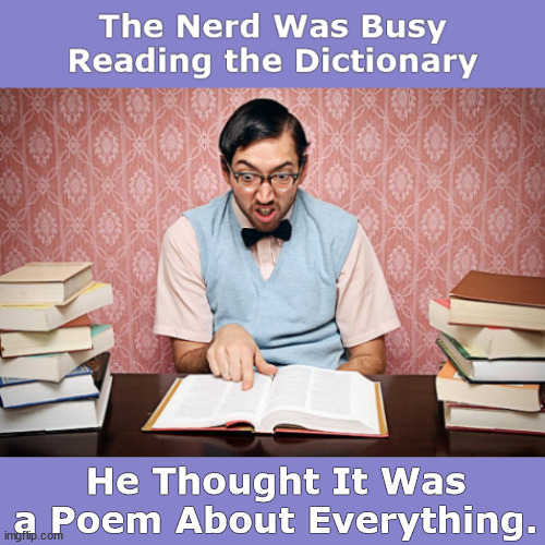 The Nerd Was Busy Reading the Dictionary | image tagged in nerd,reading,dictionary,poem,funny,memes | made w/ Imgflip meme maker