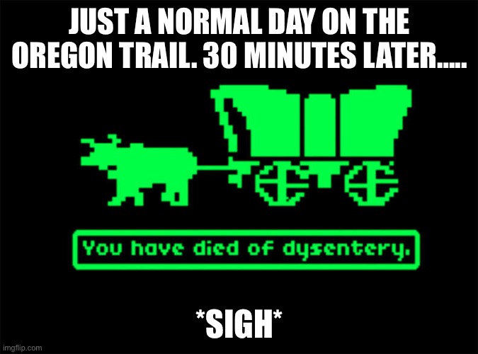 you have died of dysentery | JUST A NORMAL DAY ON THE OREGON TRAIL. 30 MINUTES LATER….. *SIGH* | image tagged in you have died of dysentery | made w/ Imgflip meme maker