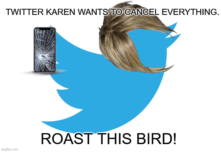 Cancel Culture Incarnate: Twitter Karen. | TWITTER KAREN WANTS TO CANCEL EVERYTHING. ROAST THIS BIRD! | image tagged in twitter,karen,boss fight | made w/ Imgflip meme maker
