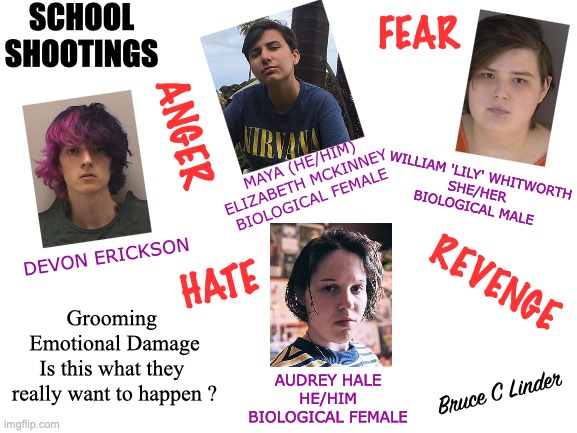 School Shootings - Is this what they really want to happen | SCHOOL
SHOOTINGS; FEAR; ANGER; MAYA (HE/HIM) ELIZABETH MCKINNEY
BIOLOGICAL FEMALE; WILLIAM 'LILY' WHITWORTH
SHE/HER
BIOLOGICAL MALE; DEVON ERICKSON; REVENGE; HATE; Grooming 
Emotional Damage
Is this what they 
really want to happen ? AUDREY HALE
HE/HIM
BIOLOGICAL FEMALE; Bruce C Linder | image tagged in grooming,emotional damage,hate,anger,confusion,revenge | made w/ Imgflip meme maker